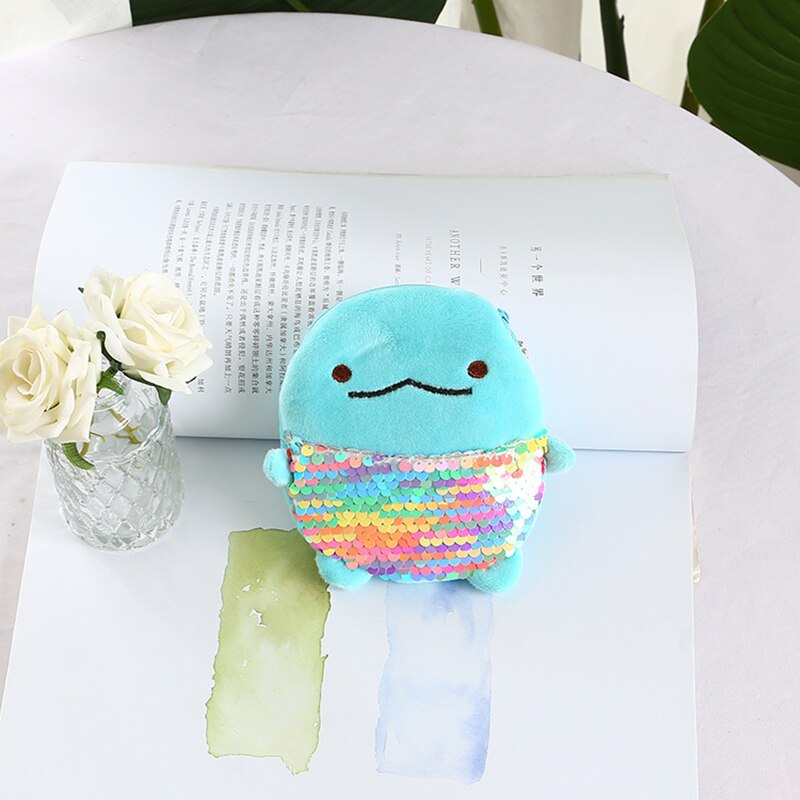 Soft Plush Cartoon Rabbit Bear Women Coin Purse Mini Cute Oval Zipper Children Girl Coin Wallet USB Cable Headset Bag: Sequins Blue Dog