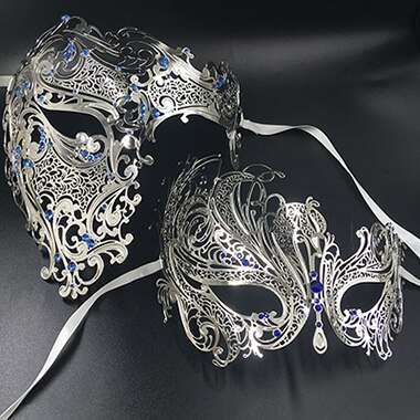 Hans & hennes par glitter strass metall filigran maskerad mask venetiansk kostym bal fest boll jul halv skalle mask: Silverblå diamant