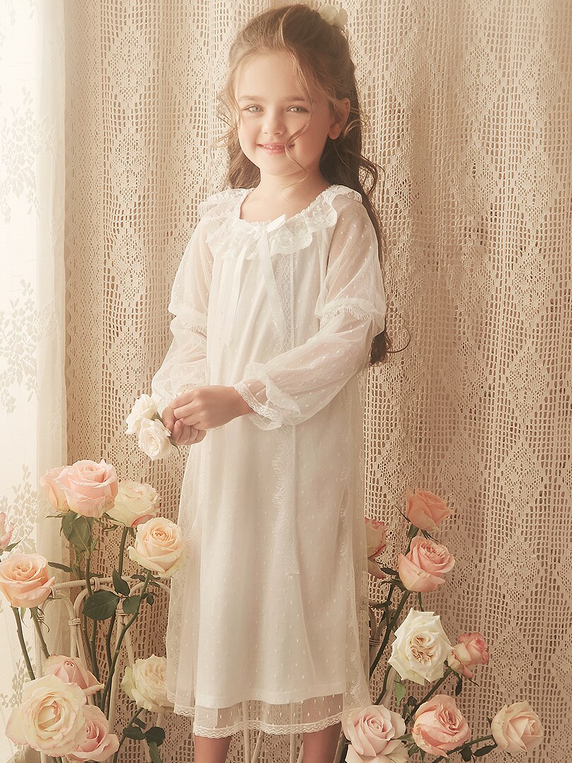 Sweet Princess Nightgown For Girls Long Sleeve Mesh Ruffles Mid Length Bathrobe 2-12y Kid Child Lovely Nightdress Sleeping Dress