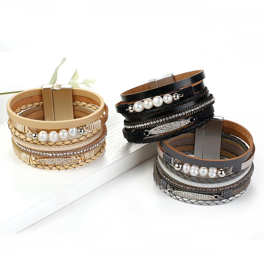 ALLYES Vintage Multilayer Leather Crystal Bracelet for Women Men Beads Pearl Charms Wrap Bracelets Femme Jewelry