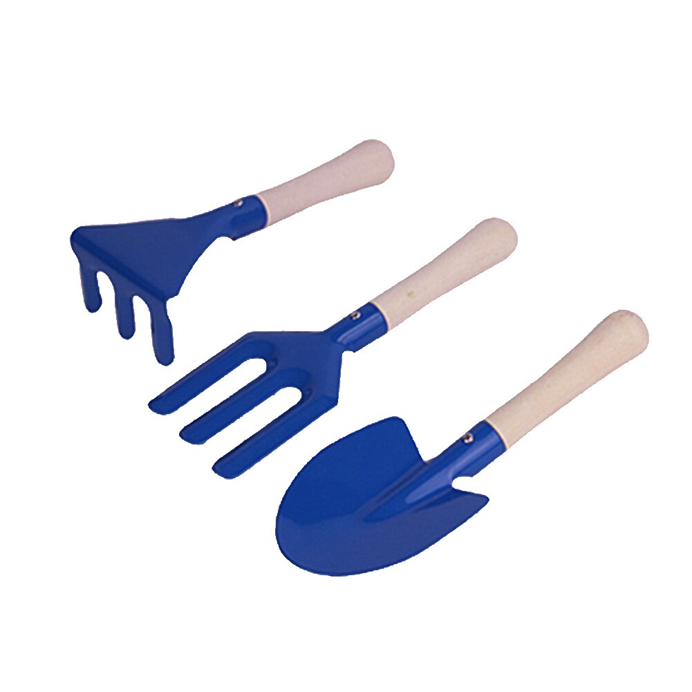 3 st trädgårdsredskap barn säkert trähandtag gräva barn strand spade kratta hushållskruka blommor liten spade kratta: Blå