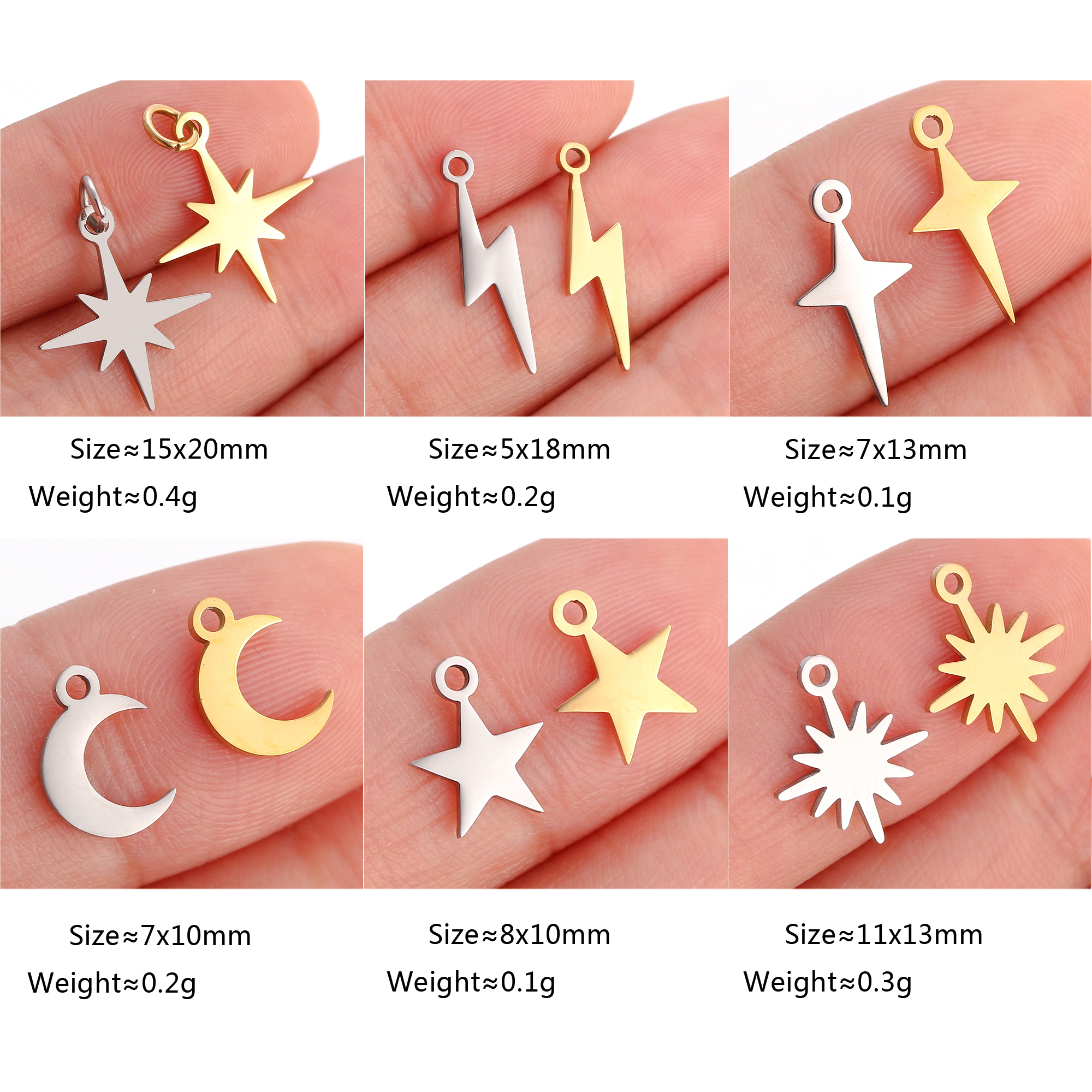 Lote de 5 unidades de Mini dijes de estrella Celestial, colgante de pentagrama/estral/Meteor/luna de acero inoxidable DIY para pendientes, pulseras, fabricación de joyas