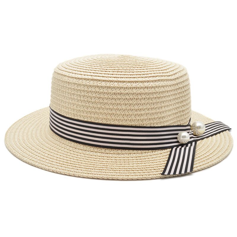 Sombrero de playa de chicas, novedad del en Sombrero de Panamá informal para mujer, sombrero de paja clásico con lazo para mujer, sombrero plano para el sol, sombrero Fedora para mujer: beige / adult55-58m