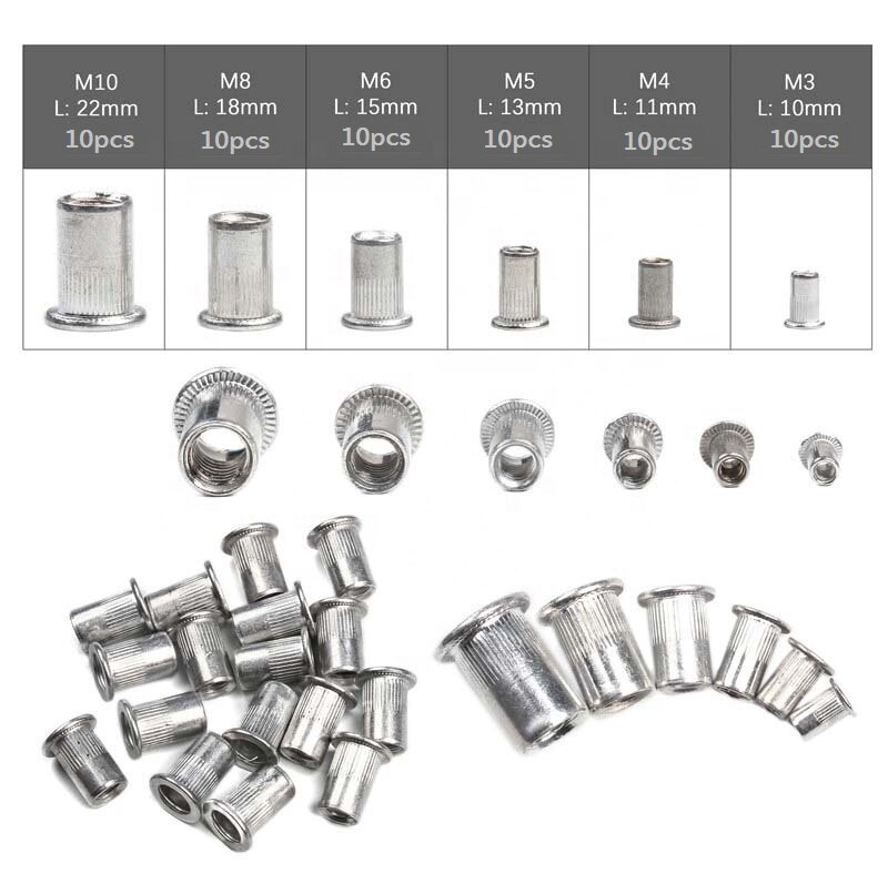 200Pcs Rivet Nut Aluminum Alloy Rivnut Flat Head Threaded Insert Nutserts Cap Rivet Nut Assortment Set for Automotive Furniture: 60pcs silver-bag
