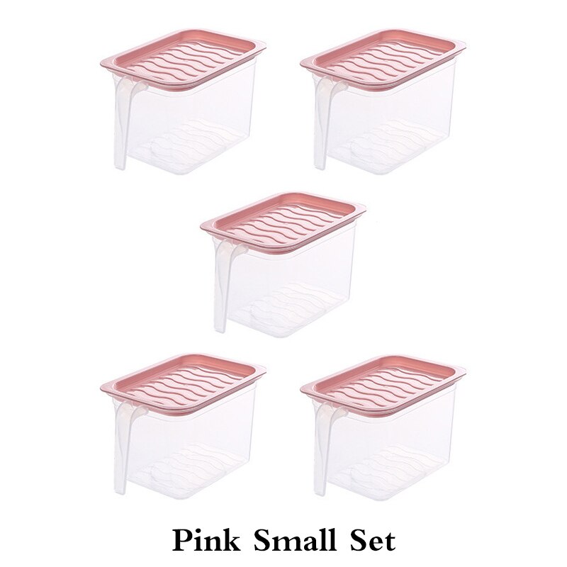 Kitchen Food Container Transparent Storage Box With Handle Refrigerator Drawer Organizer Plastic Fridge Storage Bin Containers: Pink-s-set