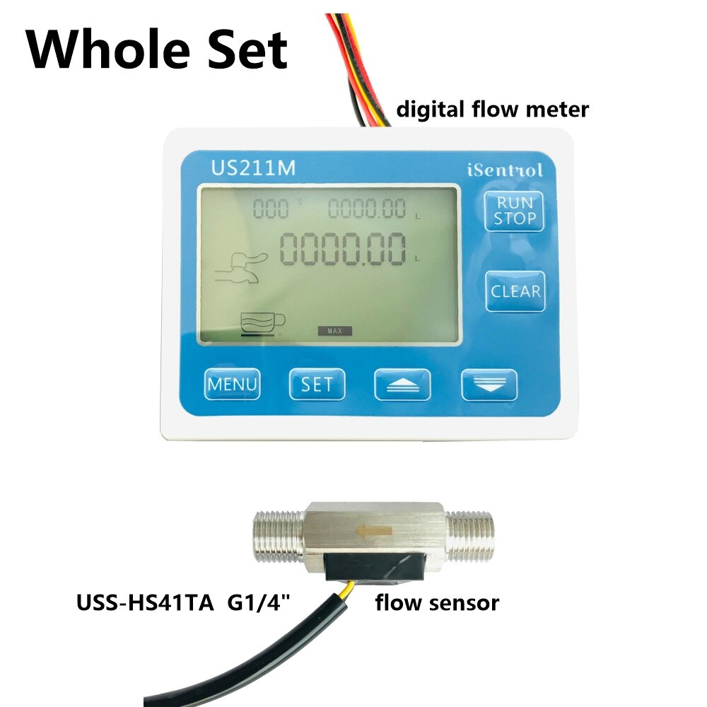US211M Digital Flow meter Display with USS-HS41TA SUS304 Flow Meter Totalizer Flow Measurement 0.3-3.5L/min Range G1/4" thread: whole set