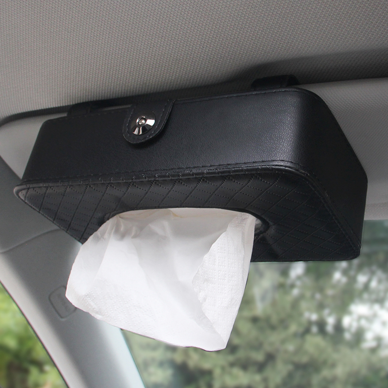 Lederen auto tissue box auto zonneklep type opknoping rechthoek vormige tissue box container handdoek servet weefsel houder papier rack