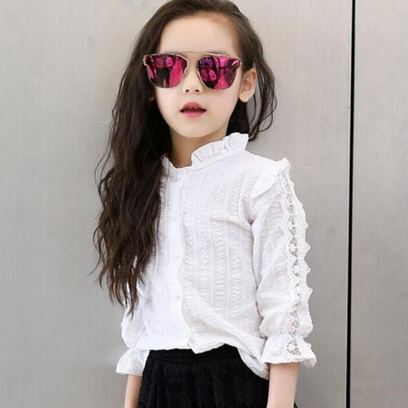 Girls White Blouse Spring Summer Toddler Teenager Lace School Girls Tops Shirt Long Sleeve Children Clothing 6 8 10 12 JW2115