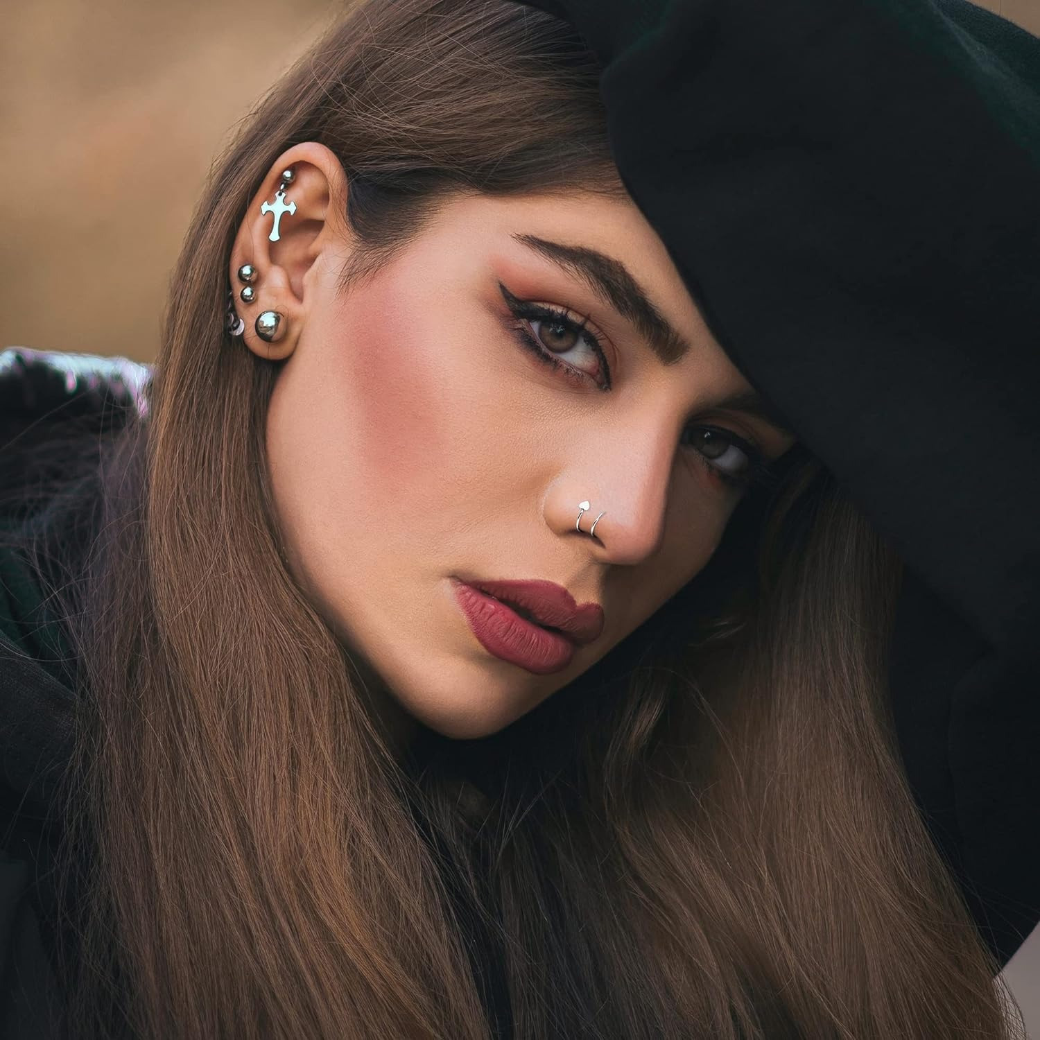 Drperfect 20G Acero inoxidable doble nariz aro espiral Luna estrella mariposa serpiente pendientes de aro retorcidos para mujer
