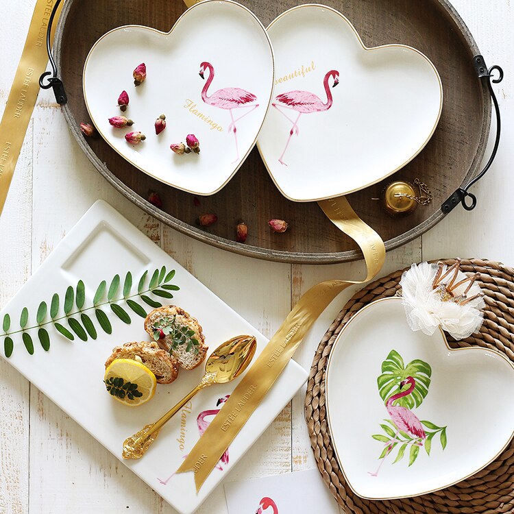 Ins Flamingo Plate Ceramic Porcelain Heart-shaped Pastry Dish Spaghetti Plates Fruit Saucer Home Tableware Dinnerware