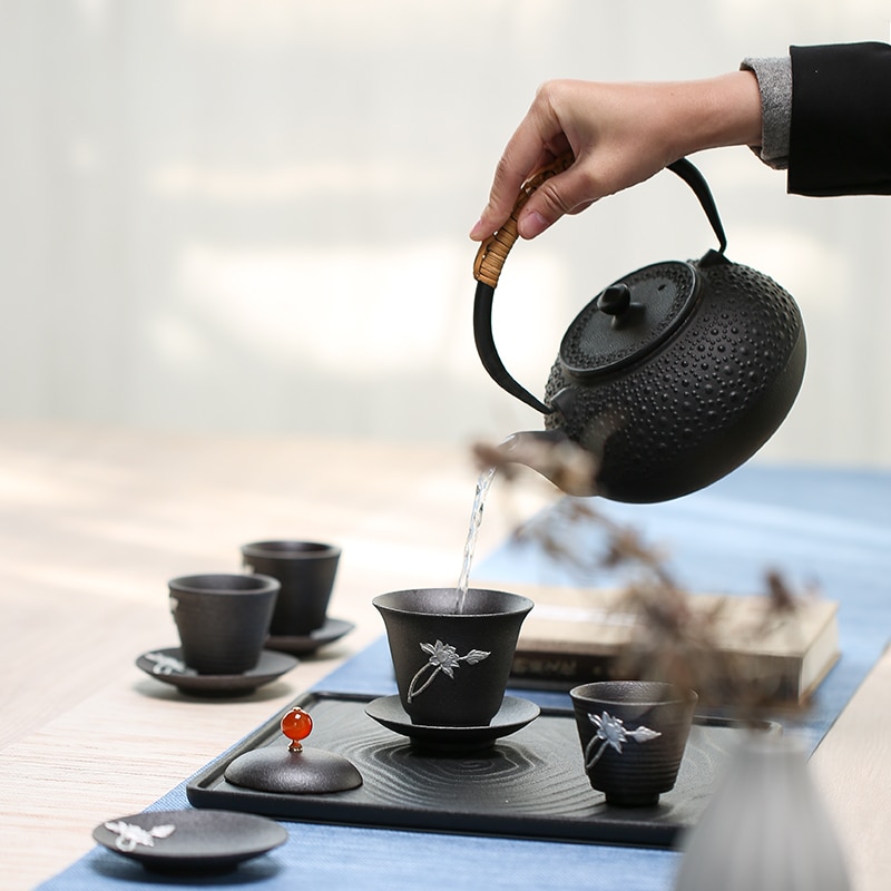 130ml japansk stil vintage gaiwan keramik svart grov keramik silverinläggning teskål med lock fat kit hem dryck