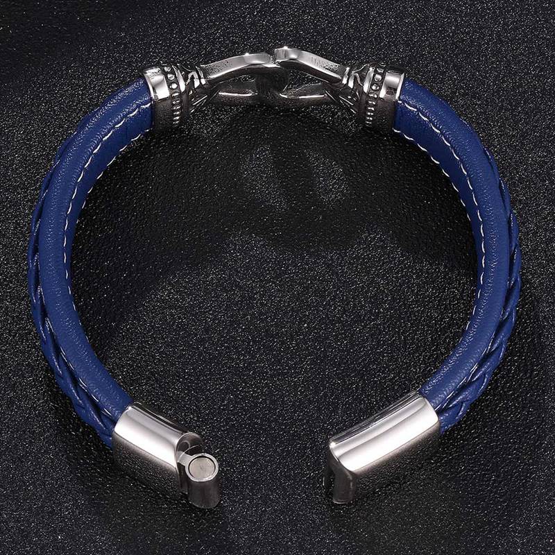 Pulseras de cuero azul hechas a mano para hombre, joyería de tótem Vintage, brazalete de hebilla magnética de acero inoxidable, pulsera Punk para hombre, SP0813