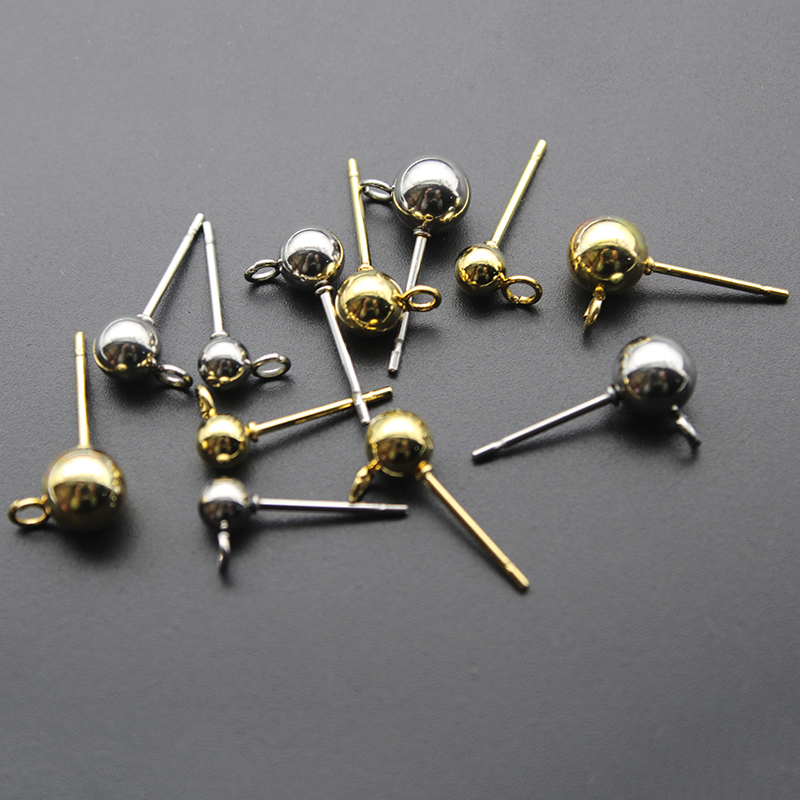 Boucles d'oreilles chirurgicales en acier inoxydable, 20 pièces, boule ronde de 3 4 6mm, tige de goujon avec boucle adaptée aux femmes, bricolage, accessoires de fabrication de bijoux