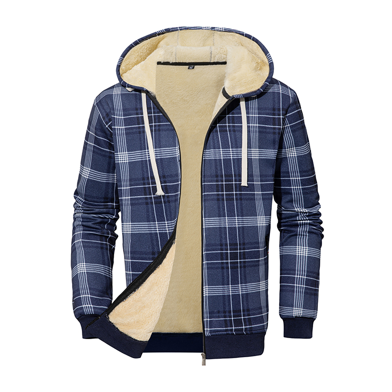 Chaqueta con capucha holgada de manga larga a cuadros de algodón grueso de lana de cordero de invierno para hombre: M / Azul