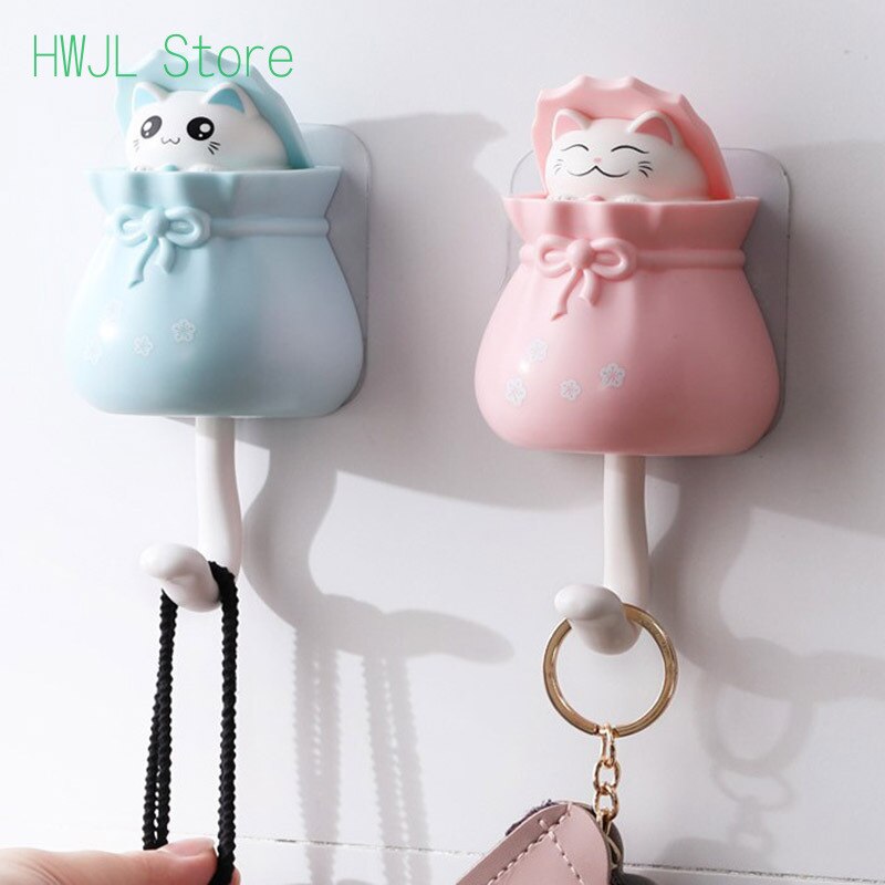 Sac en forme de chat porte-bonheur Kawaii, crochet de porte-clé arrière, crochet mural auto-adhésif décoratif pour rangement de salle de bain