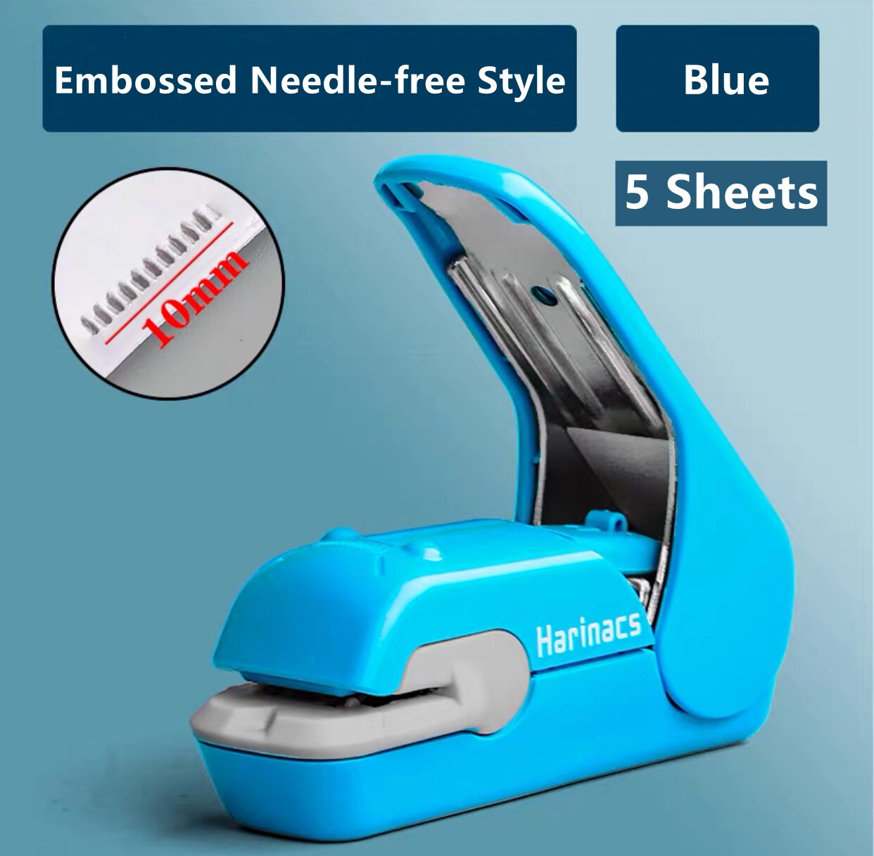 KOKUYO Stapleless Stapler Free Stapler Book Paper Mini Portable No Staples School Office Supplies For 5 Sheets or 10 Sheets: Embossed Style-Blue