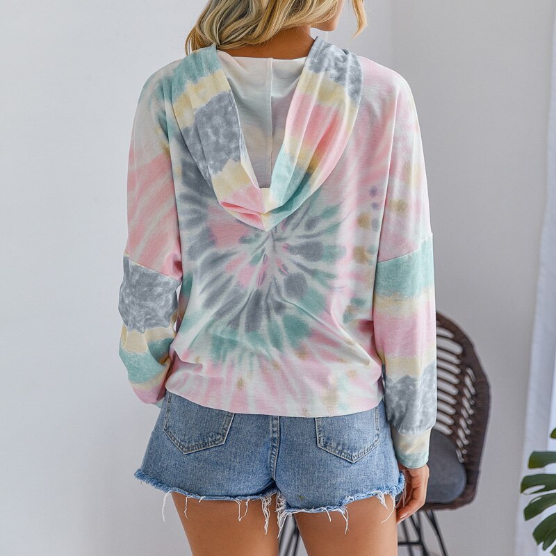 Hoodies Multicolor Casual Frauen Kordelzug Kapuze Sweatshirt Herbst Tie Dye Langarm Hoodies Pullover Tops plus größe