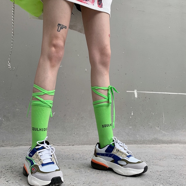 Calcetines verdes a la , calcetines de cinta para hombres y mujeres Unisex de color amarillo fluorescente estilo Hip Hop, calcetines harajuku de algodón divertidos y felices
