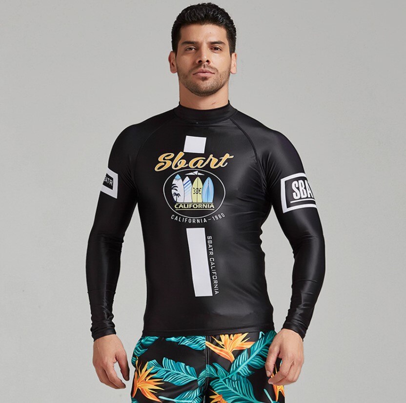 Contrast Color Rash Guard Men UV Sun Protection UPF 50+ Basic Skins Long Sleeve Crew Tee Surfing Top Floral Print Navy Blue: 216 / L