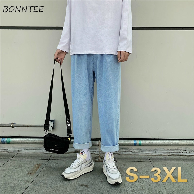 Jeans for menn pluss-størrelse 3xl løse ankellange enkle all-match jeansbukser med strikk i midjen, fritidsklær, trendy streetwear