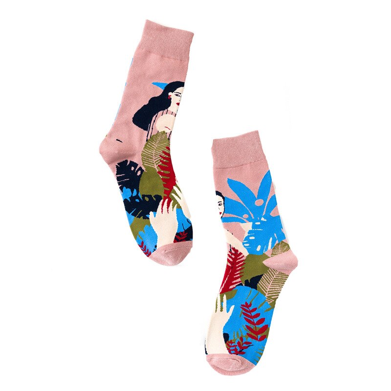 Cartoon Beauty Illustration Animal Harajuku Crazy Socks Women Novelty Funny Jacquard Happy Cotton Skateboard Socks: Pink