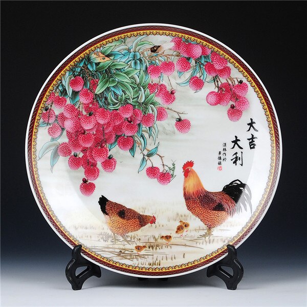 Assiette décorative en céramique coq et Litchi | Art moderne, assiette de décoration de Style chinois, Base en bois, assiette de poulet en porcelaine: simple hook plate