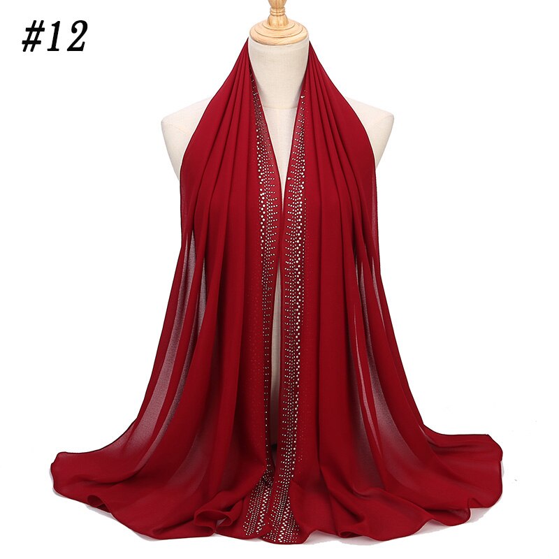 Bubbles Chiffon Scarf With Diamond Women Muslim Solid Color hijab Scarf Female Scarf Shawl Bead Wrap Muslim Hijabs: Color 12