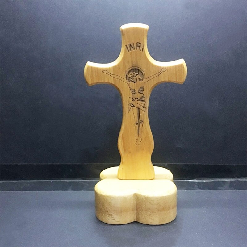 Carving Jezus Houten Voetstuk Cross Tafel Altaar Kerk Decor Religieuze Gunst Staande Kruisbeeld Met Base 4.7x2.5in