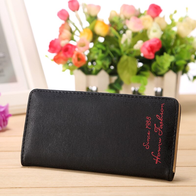 PU Leather Long Colorful Ladies Wallet Clip Thin Two Fold Women Slim Purse Letter Decoration Card Case: Black