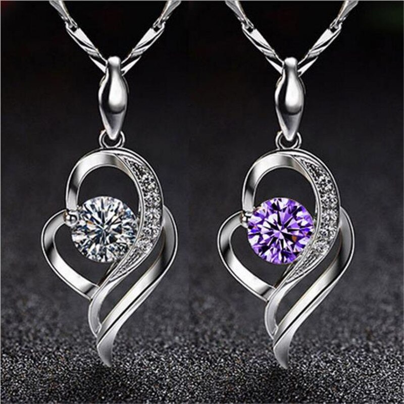 TJP 925 Silver Choker Necklace For Girl Bijou Top Crystal Heart Purple Women Pendants Necklace Accessories