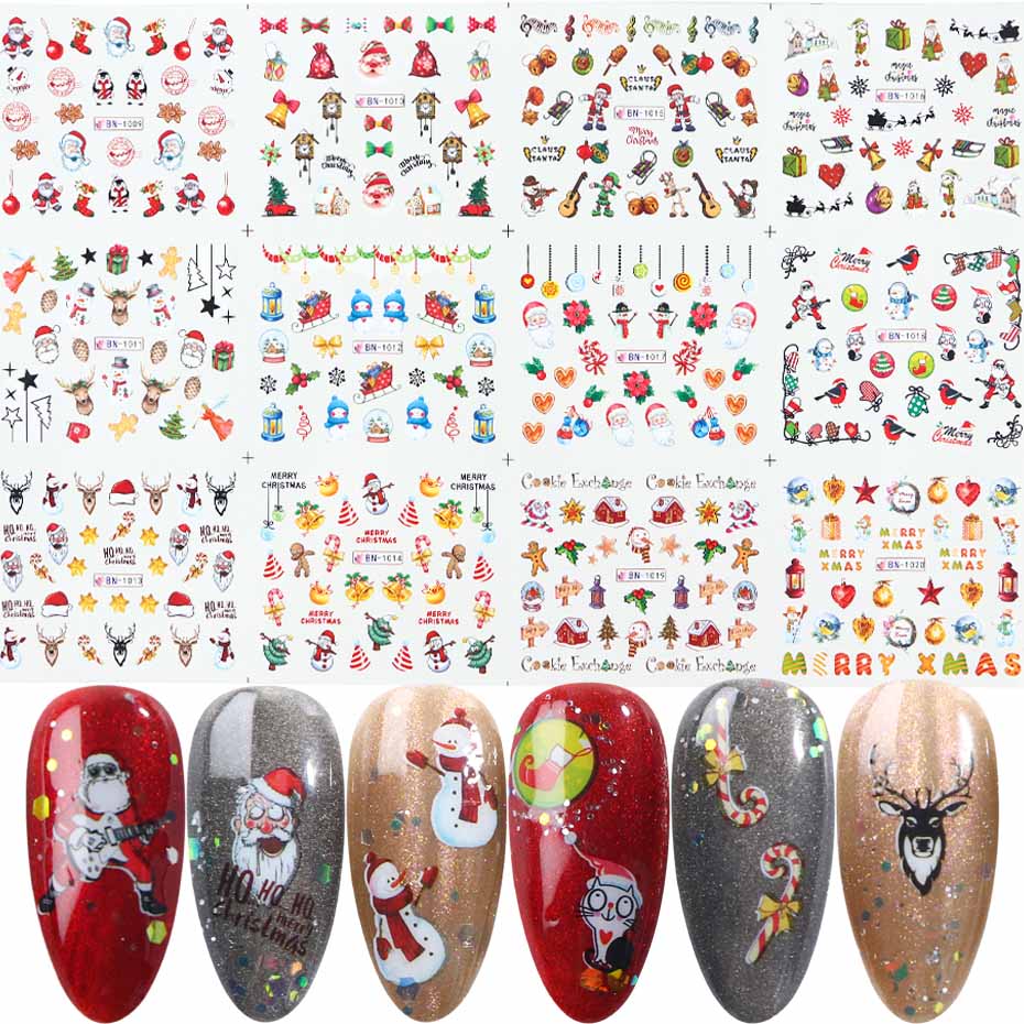 12 st jul nagelklistermärken set santa älg snögubbe vattenöverföringsreglage för naglar tecknad vinter år manikyr jibn/a -1: Bn1009-1020