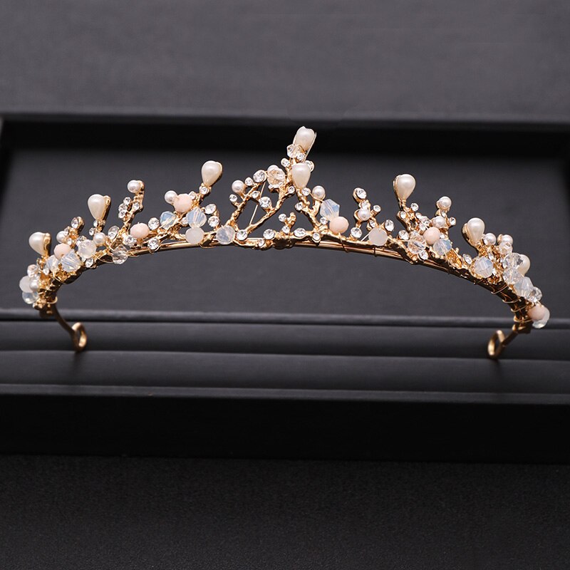 Vintage Handmade Gold Crown Bridal Headdress Pearl Rhinestone Wedding Princess Crown Bridal Hair Accessories Jewelry Accessories: Gold-color