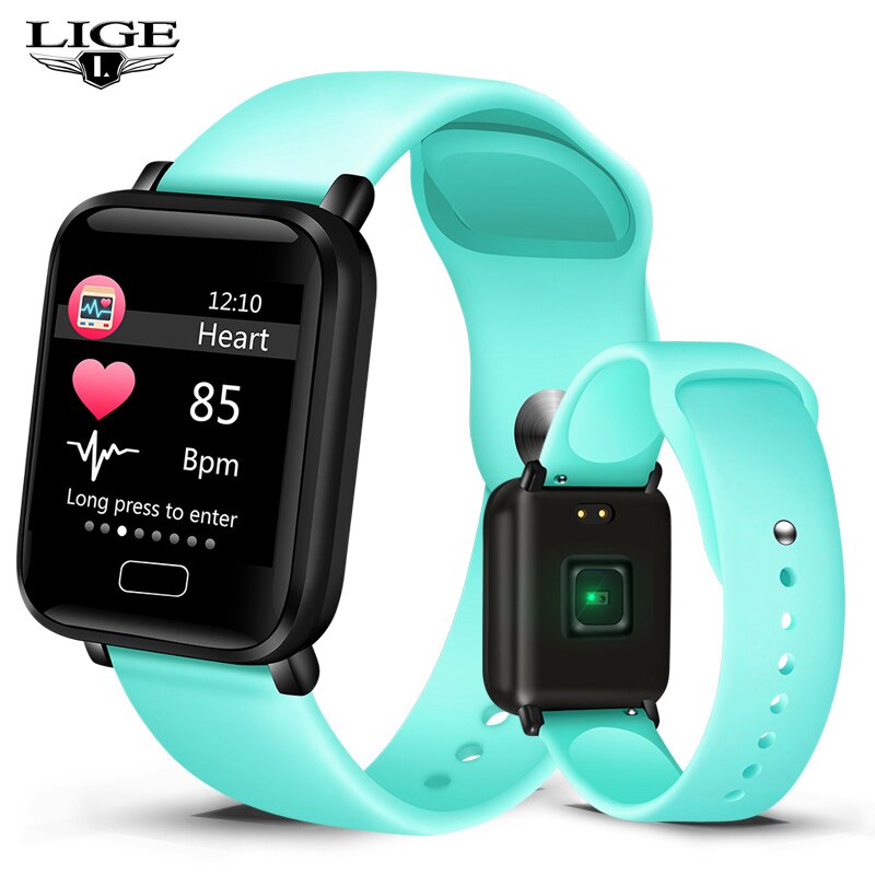 Lige smart klocka dam sport stegräknare smart armband pulsmätare fitness tracker led färgskärm damklocka+låda: Ljusblå