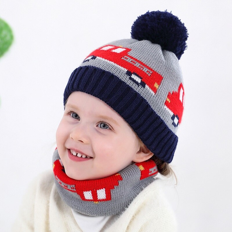 Wol Gebreide Jacquard Cartoon Auto Baby Boy Hoed Sjaal Set Kinderen Kids Winter Cap