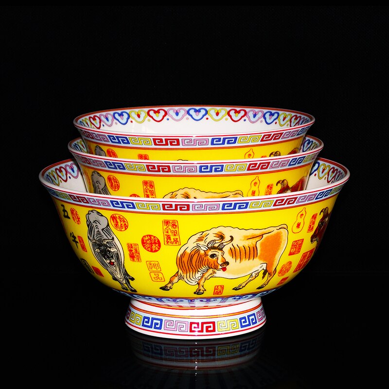 Jingdezhen Bone China Porcelain Bowl Five Oxen High Grade Auspicious Ceramic Bowl Rice Bowl Noodles Bowl Vegetable Bowl
