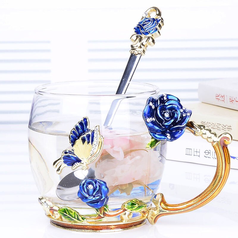 Blå rose emalje krystal te kop kaffe krus sommerfugl rose malet blomst vand kopper klart glas med ske sæt: 03