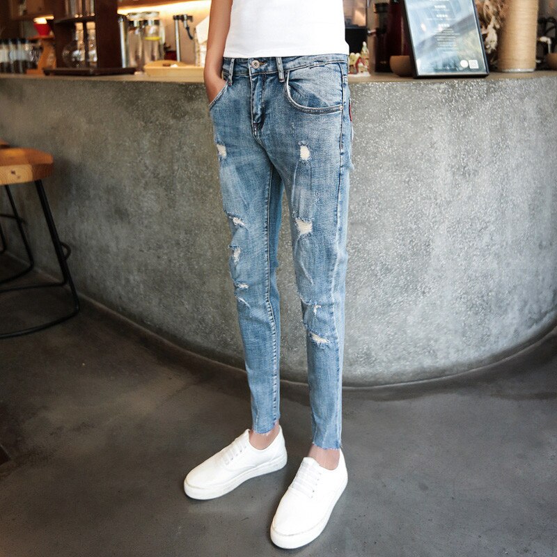 Atacado 2021 calças de moda masculina casual estudantes da escola rasgado apertado cowboy denim jeans men stretch adolescente calças para homens