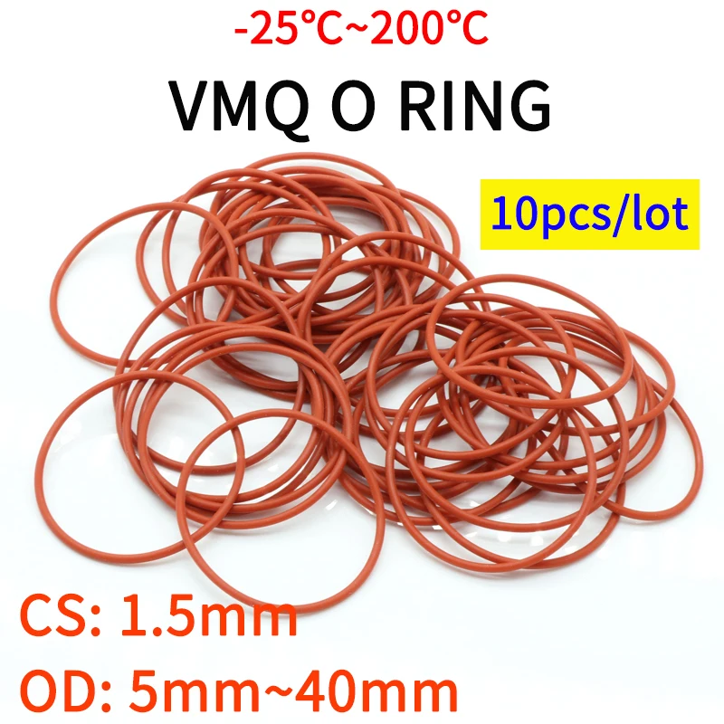 10 pz VMQ O squillare Guarnizione di Tenuta Spessore CS 1.5mm OD 5 ~ 40mm Gomma di silicone Isolata Rondella Impermeabile Forma Rotonda Nontoxi Rosso