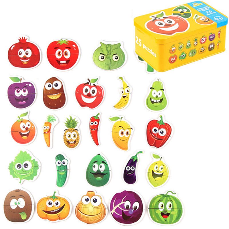 Montessori Baby Toy Card Puzzles Early Learning Educational Toy Cartoon Traffic Animal Fruit With Iron Box Kids Cognitive Puzzle: Fruit puzzle TJ175