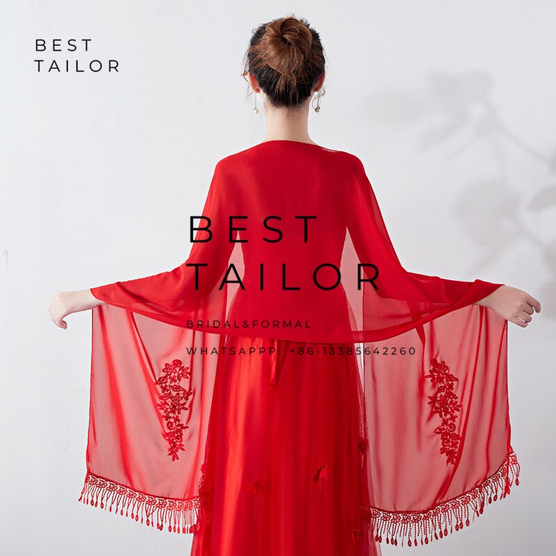 Color Available ! Wedding Jackets Bolero Bridesmaid Scarf Shawl Tassel Appliques Formal Party Gown Chiffon Wedding Accessories