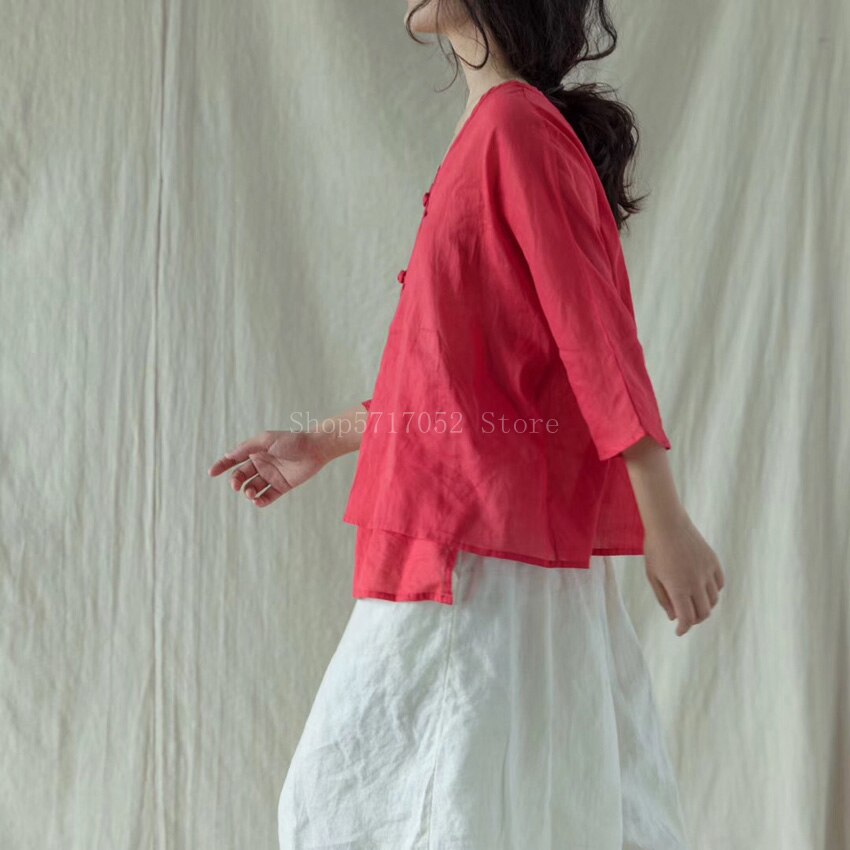 Ropa china tradicional Retro para mujer, camisas de lino con cuello en V, Tops holgados Vintage de doble capa, Tops elegantes de estilo chino Hanfu