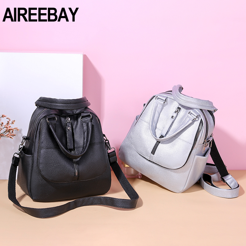 AIREEBAY Frauen Leder Rucksäcke Vintage Weibliche Schulter Tasche Reise Damen Bagpack Silber Schwarz Schule Taschen Für Teenager Mädchen