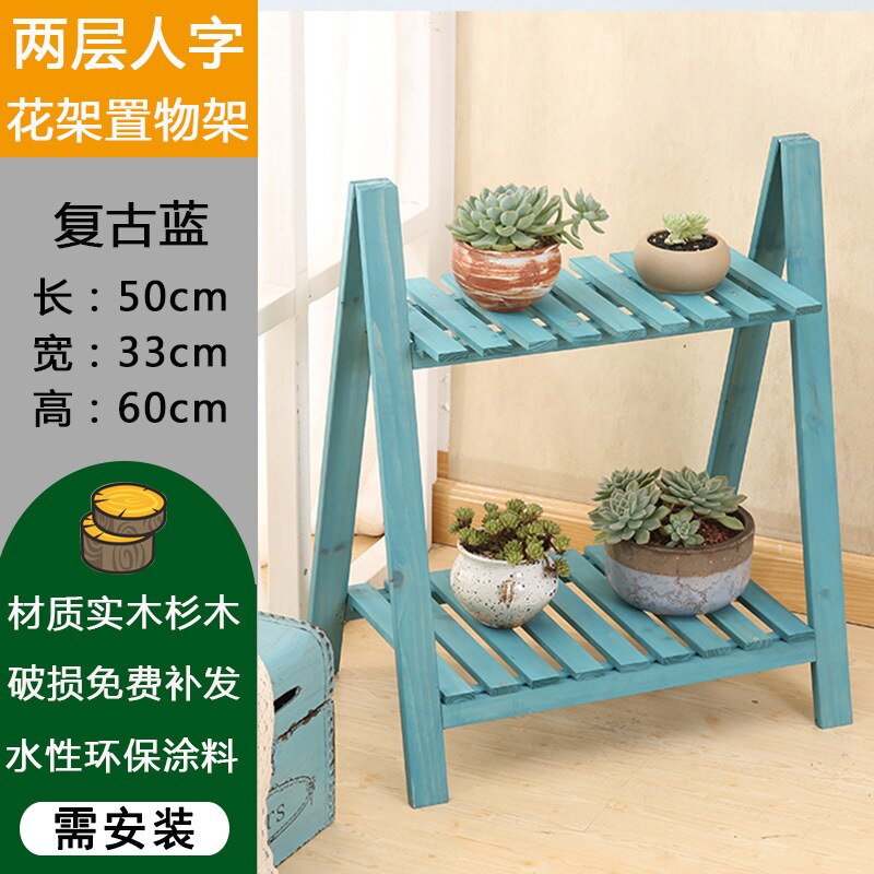Multi Schichten fest Holz Pflanze Stand Mediterranean Jahrgang Pflanze Regal Pult Blume Gestell Blume Stand Garten Stand Lager Gestell: 2-Schicht Blau A