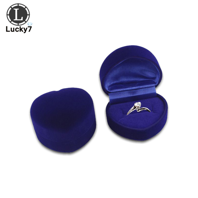 Forma corazón de terciopelo anillo caja de cajas para anillo para bodas joyería estuche protector para amante: Blue