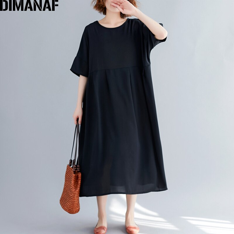 DIMANAF vestido para mujer en tallas grandes negro verano estilo Casual vestido de gran tamaño mujer dama Vestidos de algodón vestido básico 5XL