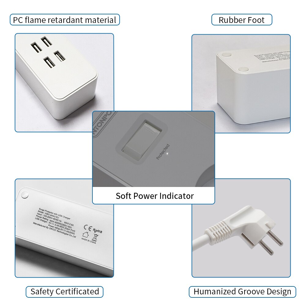 NTONPOWER Smart Power Strip - 4000W Surge Protector, 4 AC Outlets, 4 USB Ports, 2.5m Cord, EU Plug
