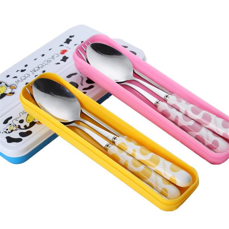 Alimentación de bebé juego de tenedor cuchara de acero inoxidable niño pequeño infantil vajilla cubiertos niños cubiertos con caja de polvo de hormiga