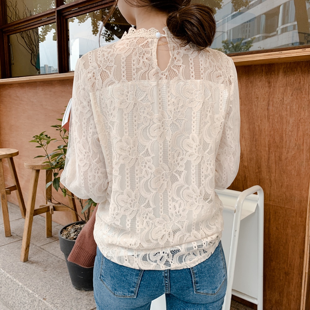 Dingaozlz dames kanten blouse korea stiksels mesh tops lantaarnmouwen wit chiffon shirt blusa