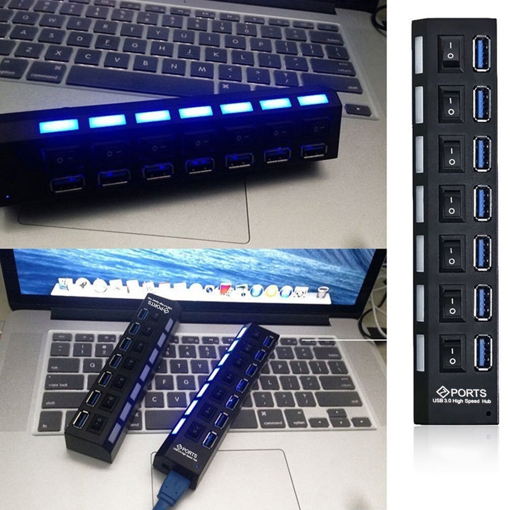 USB 3.0 Hub USB Hub 3.0 Multi USB Splitter 3 Hab Use Power Adapter 7 Port Multiple Expander USB3 Hub with Switch for PC US/EU