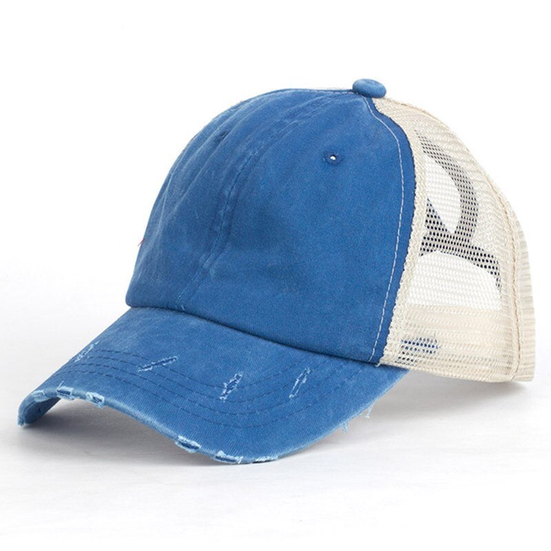 Mesh Ademende Zomer Paardenstaart Zonnehoed Dames Baseball Cap Gewassen Katoenen Pet Motorkap Leuke Hoed: Blauw